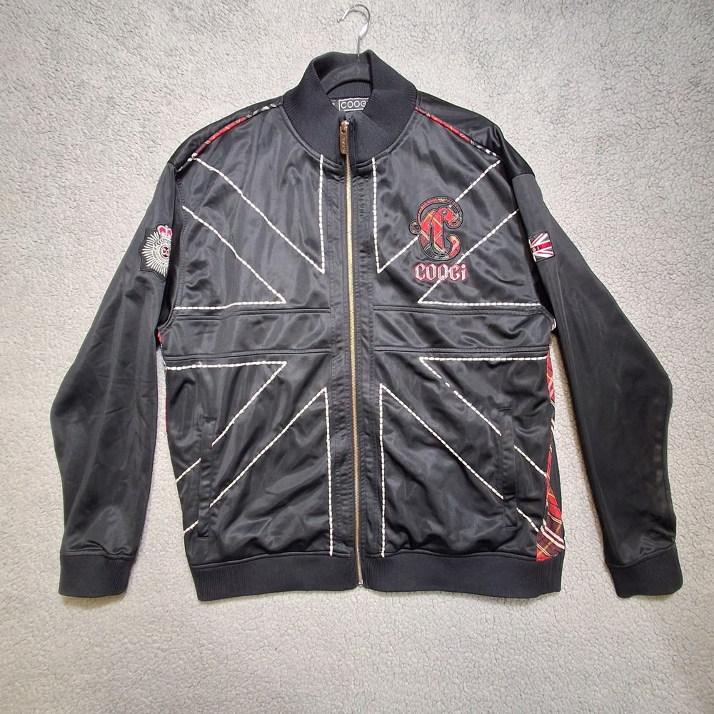 COOGI Track Jacket Men's XXL Black Union Jack Plaid Embroidered